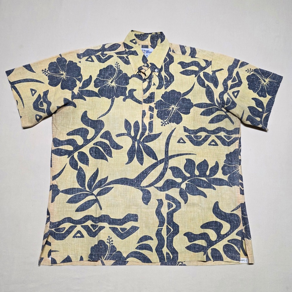Reyn Spooner Men Medium Yellow/Blue Pullover Hawaiian Shirt Reverse Print